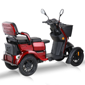 Vierwiel scootmobiel met passagiersstoel en bagageruimte