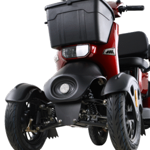 Vooraanzicht 3-persoons vierwiel scootmobiel met dubbele voorwielen