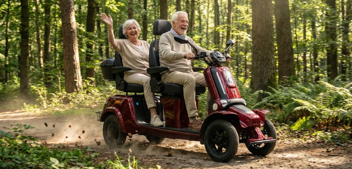 Duo scootmobiel voor comfortabel samen rijden in de buitenlucht